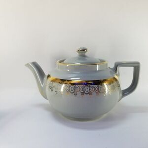 HALL Teapot Vintage 6-Cup Gray Ceramic Gold Trim Geometric Band USA Made